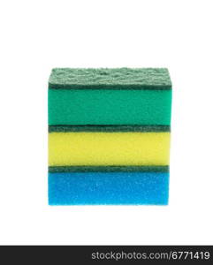 Three colored sponges for dishwashing isolated on white background, studio shot