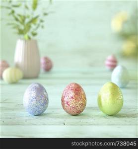 Three colorful Easter eggs decorated with stripes, flowers and spots in blue, green and yellow on green wood background with copy space for your holiday greeting in square format