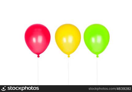 Three colorful floating balloons inflated isolated on white background