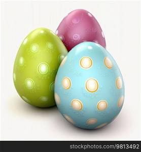 Three colorful shiny easter eggs isolated on a white background. Generative AI