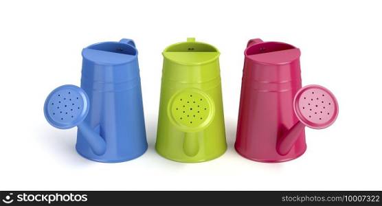 Three colorful watering cans on white background