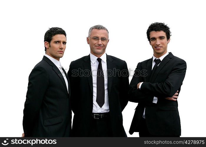Three confident businessmen on white background