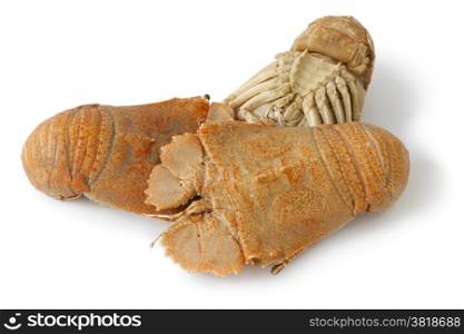 Three cooked flathead lobsters on white background
