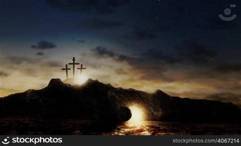 Three crosses on a hill with the Lord Jesus tomb empty and bright. Christ resurrection concept. Easter background with lights and clouds on sky. Seamless looping