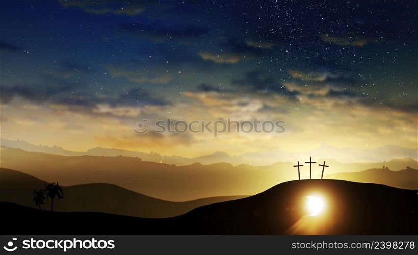 Three crosses on the hill and Jesus tomb with clouds moving on the starry sky. Easter, resurrection, new life, redemption concept.