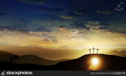 Three crosses on the hill and Jesus tomb with clouds moving on the starry sky. Easter, resurrection, new life, redemption concept.