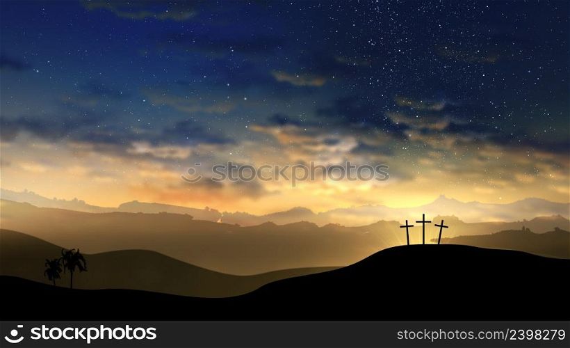 Three crosses on the hill with clouds moving on the starry sky. Easter, resurrection, new life, redemption concept.