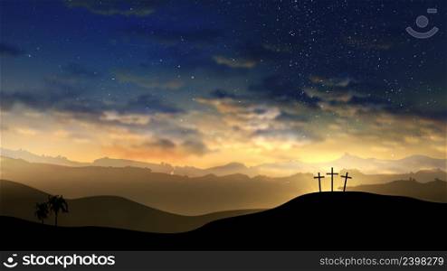 Three crosses on the hill with clouds moving on the starry sky. Easter, resurrection, new life, redemption concept.