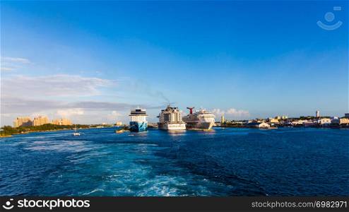 Three Cruise Ships Docked at the port in Nassau Bahamas