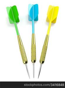 Three darts arrows, red, blue and yellow, isolated on white background