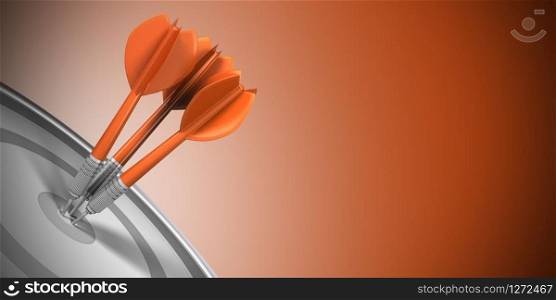 Three darts hitting the center of a target over orange background. Business success concept image.. Target Marketing