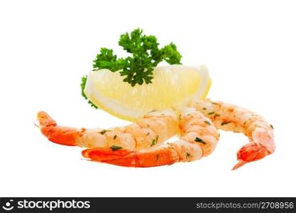 Three delicious shrimp with a lemon wedge and parsley garnish.