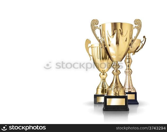 three different kind of golden trophies. Isolated on white background