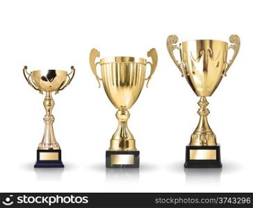 three different kind of golden trophies. Isolated on white background