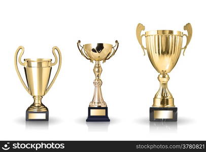 three different kind of golden trophies. Isolated on white background