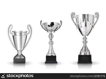 three different kind of silver trophies. Isolated on white background