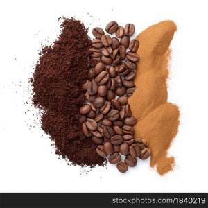 Three different types of coffee isolated on white background. Ground, powder and whole beans. View from above. Three Different Types Of Coffee Isolated