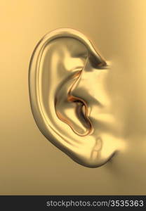 Three dimensional golden metallic human ear. 3d