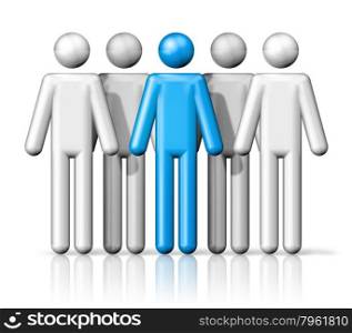 three dimensional group of people stick figures - white and blue. group of stick figures people