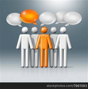 three dimensional group of stick figures people with speech bubbles, communication symbol, white and orange