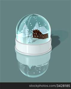 three dimensional illustration of a snow globe with a shack and firs. 3D snow globe