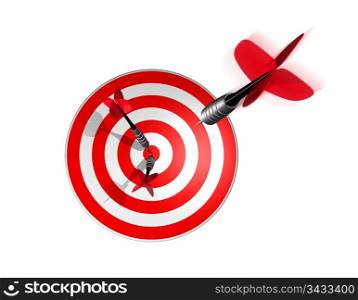 three dimensional illustration of three darts right on the target center. Isolated on white. 3D dart right on the target center