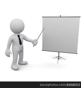 Three-dimensional man holding a pointer and points to the board.Series &quot;3D Man&quot;