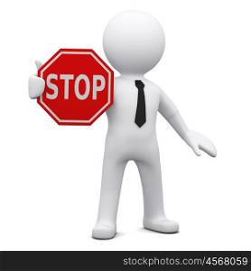 "Three-dimensional man holding a red "STOP" sign"