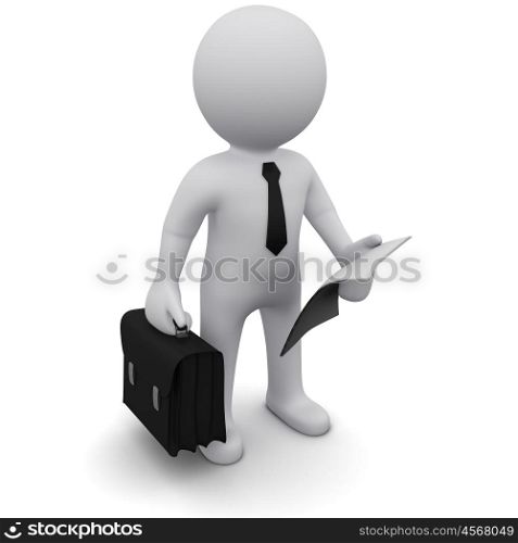 Three-dimensional man in a black tie with a briefcase and a sheet of paper in his hands.Series &quot;3D Man&quot;