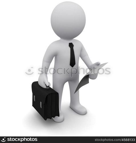 "Three-dimensional man in a black tie with a briefcase and a sheet of paper in his hands.Series "3D Man""