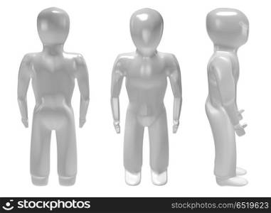 three dimensional man in different poses with muscles and light reflection. 3d man