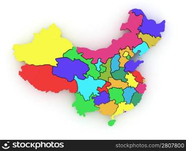 Three-dimensional map of China on white isolated background. 3d