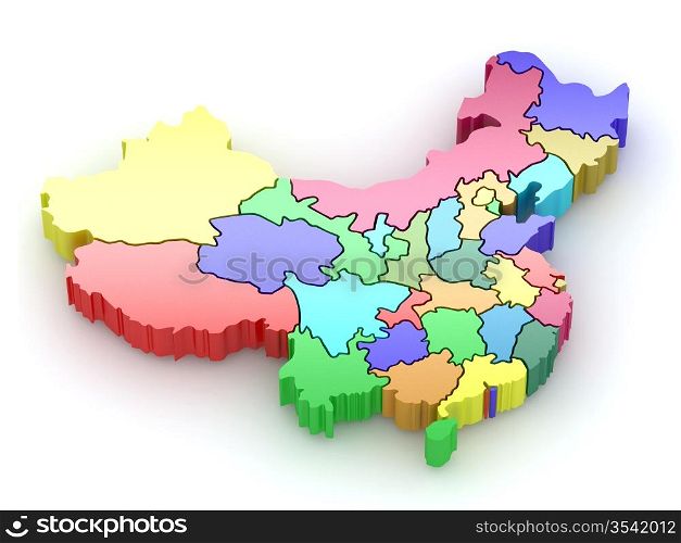Three-dimensional map of China on white isolated background. 3d