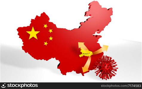 Three-dimensional map of China with the colors of the flag and Hubei province highlighted with arrows coming out of Wuhan and a red virus with legs next to the map on white background. 3D Illustration. Three-dimensional map of China with the colors of the flag and Hubei province highlighted with arrows coming out of Wuhan and a red virus next to the map on white background. 3D Illustration