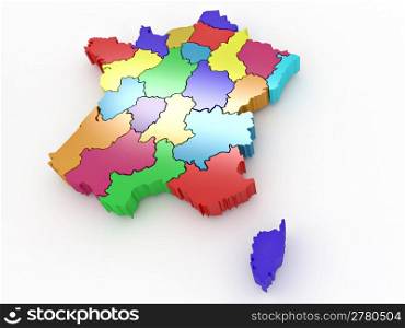 Three-dimensional map of France on white isolated background. 3d