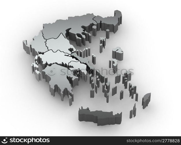 Three-dimensional map of Greece on white isolated background. 3d