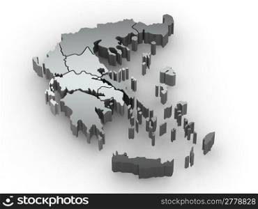 Three-dimensional map of Greece on white isolated background. 3d