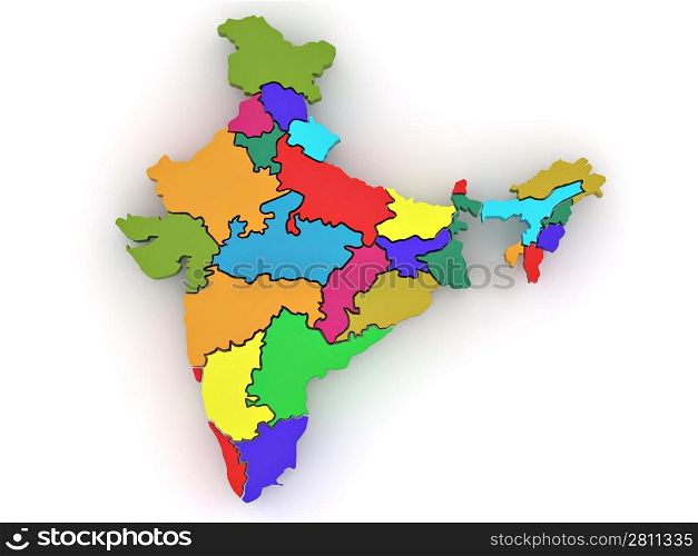 Three-dimensional map of India on white isolated background. 3d