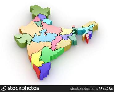 Three-dimensional map of India on white isolated background. 3d