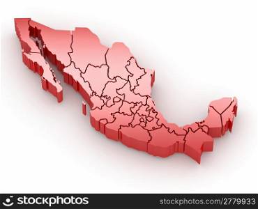 Three-dimensional map of Mexico on white isolated background. 3d