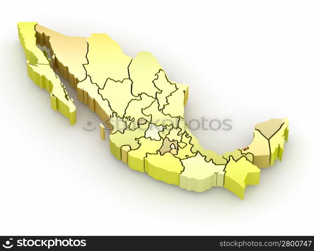 Three-dimensional map of Mexico on white isolated background. 3d