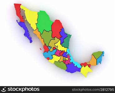 Three-dimensional map of Mexico on white isolated background. 3d