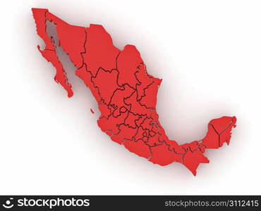 Three-dimensional map of Mexico on white isolated background. 3d