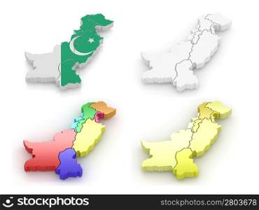 Three-dimensional map of Pakistan on white isolated background. 3d