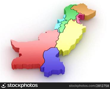 Three-dimensional map of Pakistan on white isolated background. 3d