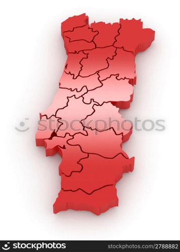 Three-dimensional map of Portugal on white isolated background. 3d