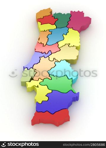 Three-dimensional map of Portugal on white isolated background. 3d