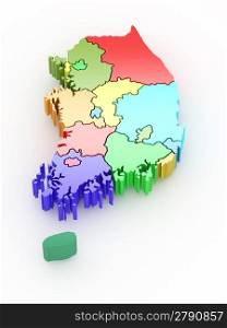Three-dimensional map of Southern Korea on white isolated background. 3d