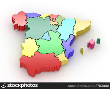 Three-dimensional map of Spain on white isolated background. 3d