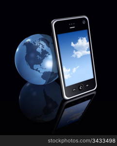 three dimensional mobile phone and earth globe on black background. 3D mobile phone and earth globe